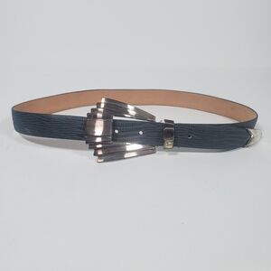 Vintage The Ritz Women's Blue Croc Embossed Leather Belt Art Deco Silver Buckle